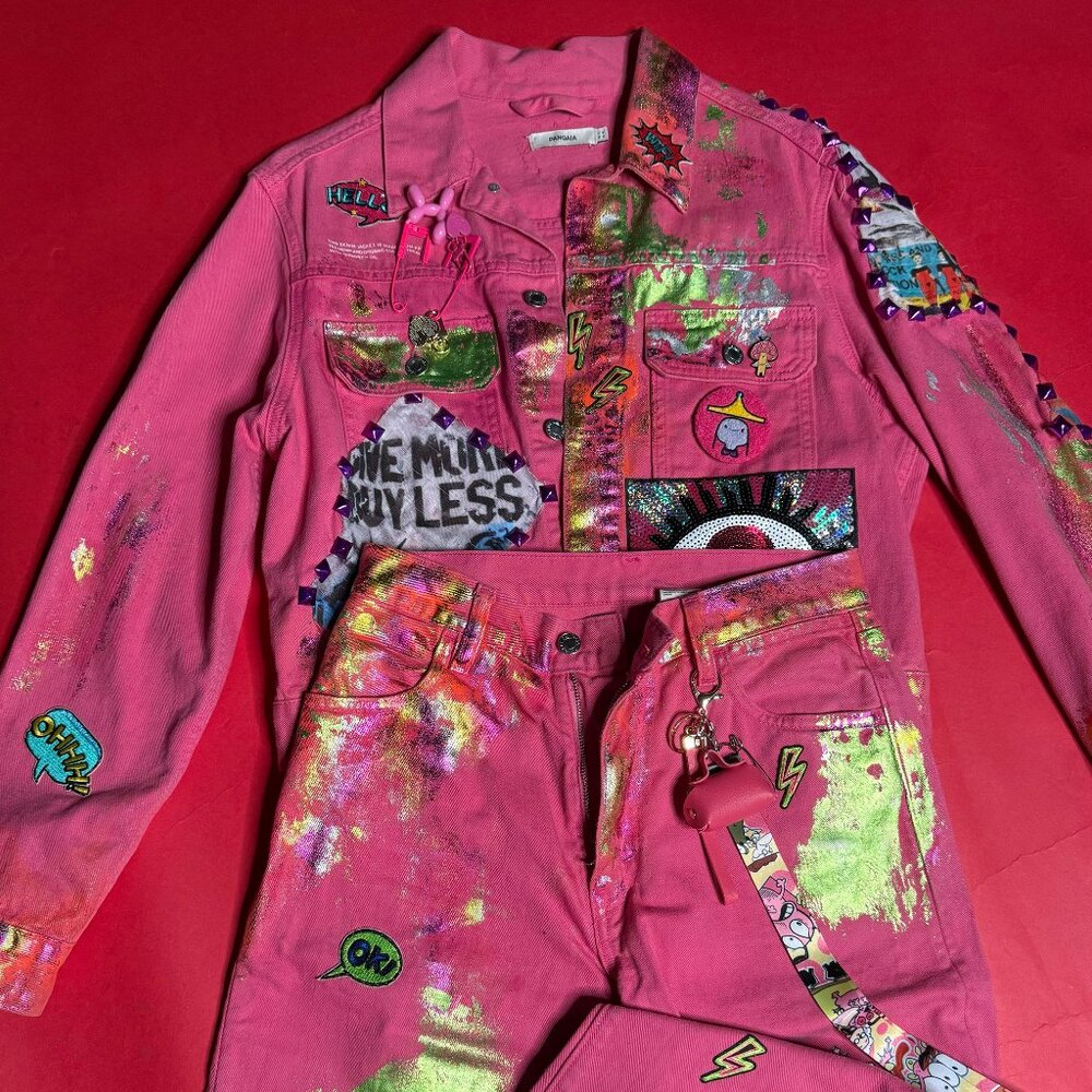 Upcycled Pink Denim Jacket and Jeans Set – Festival Outfit, Size M/26 - Picture 5 of 12